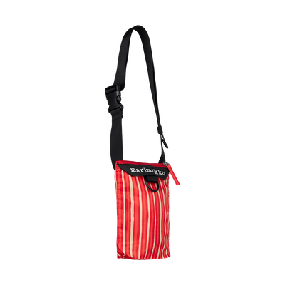 Red striped pouch with a black strap on a white background