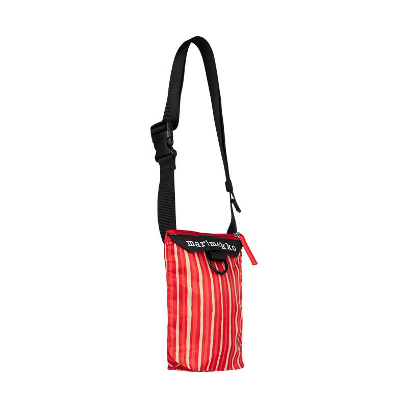 Red striped pouch with a black strap on a white background