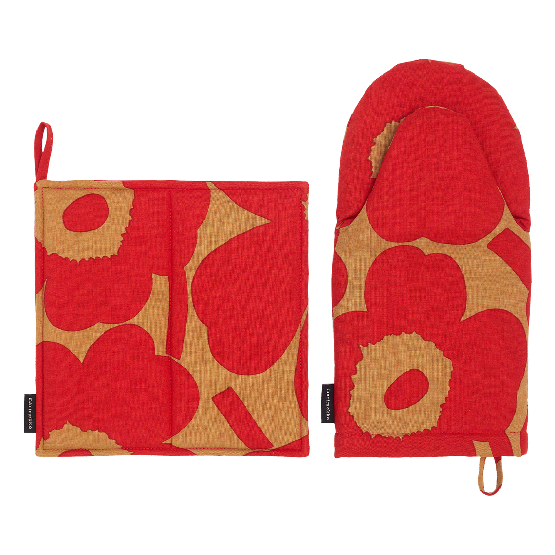 Marimekko Pieni Unikko Pot Holder Oven Mitt Set, brown/red