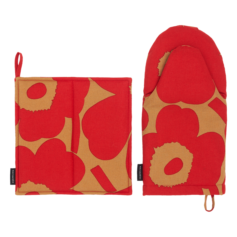 Marimekko Pieni Unikko Pot Holder Oven Mitt Set brown/red