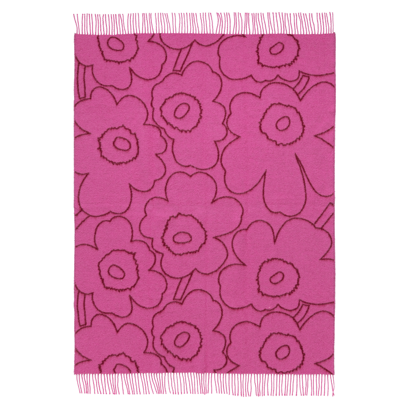 Pink floral patterned throw blanket on a white background