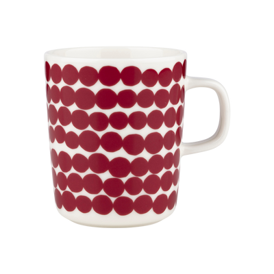 White mug with red dot pattern on a white background