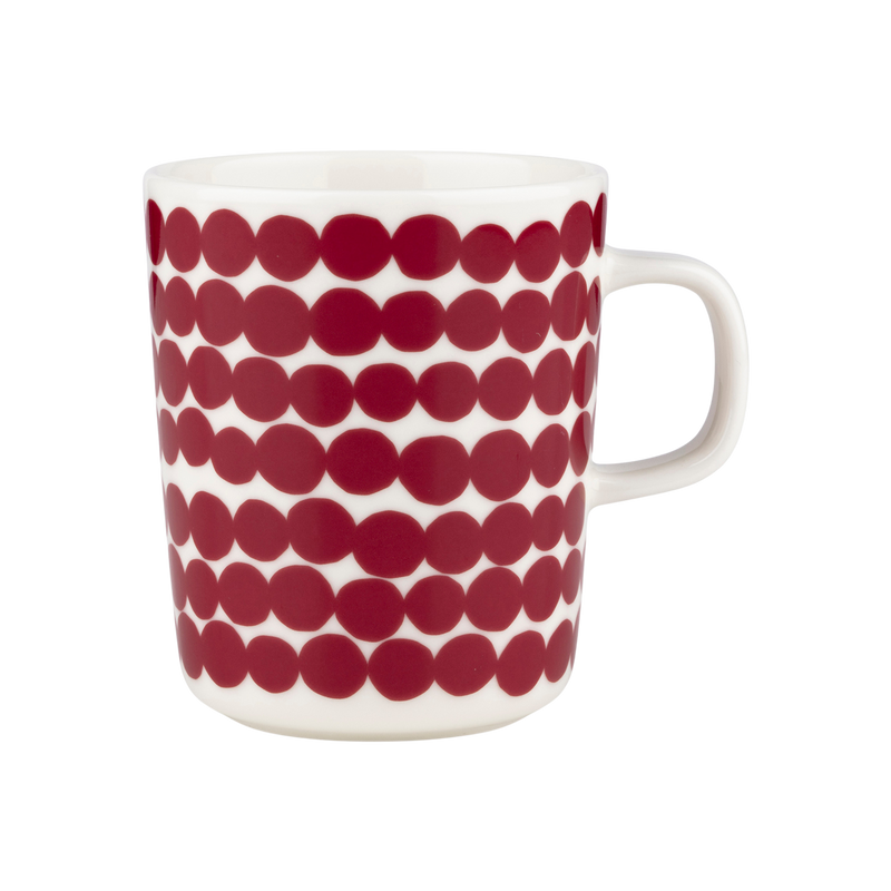 White mug with red dot pattern on a white background