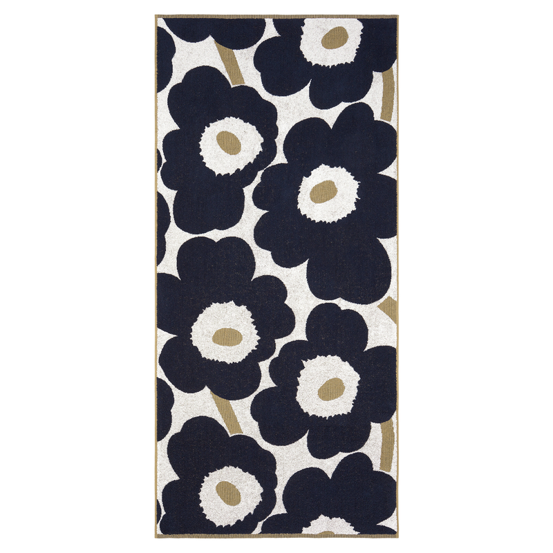 Marimekko Unikko Bath Towel, gold/white/dark blue laying flat