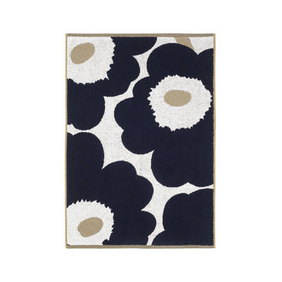 Marimekko Unikko Hand Towel, gold/white/dark blue laying flat