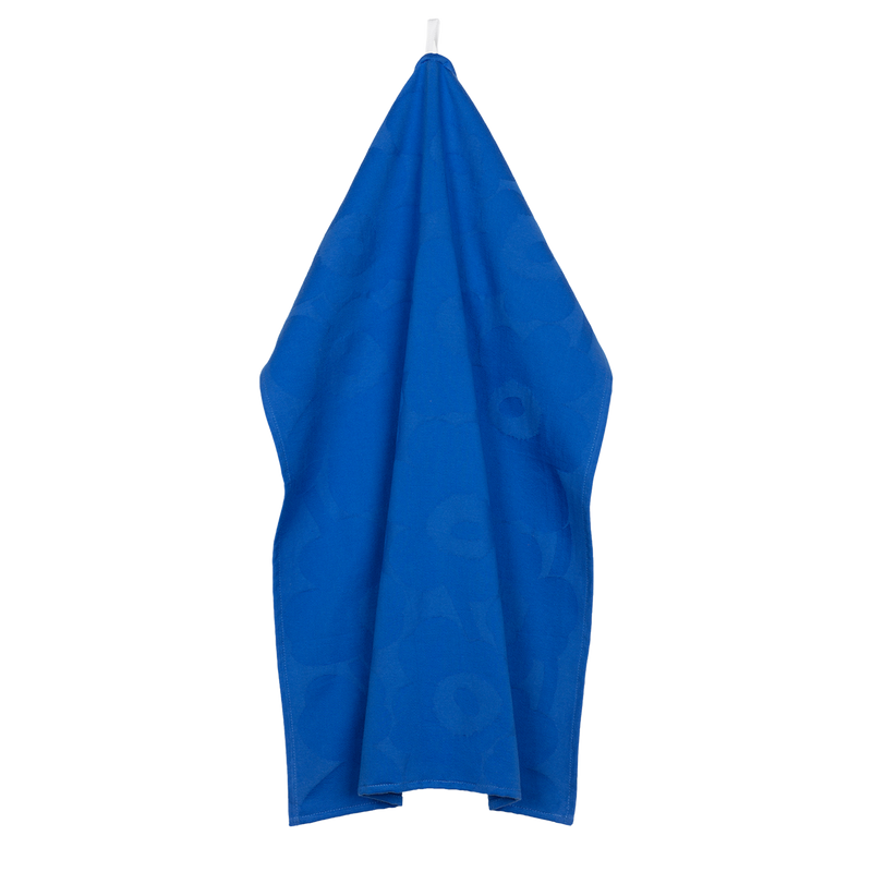Marimekko Unikko Kitchen Towel blue hanging from loop