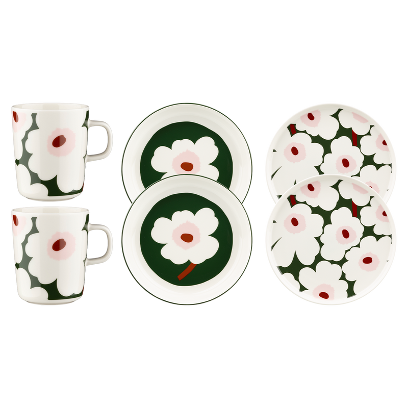 Marimekko Unikko Mug & Plate 6pc Set, white/green/pink