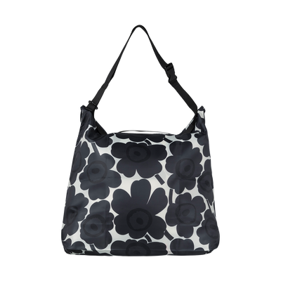 Black floral patterned handbag on a white background