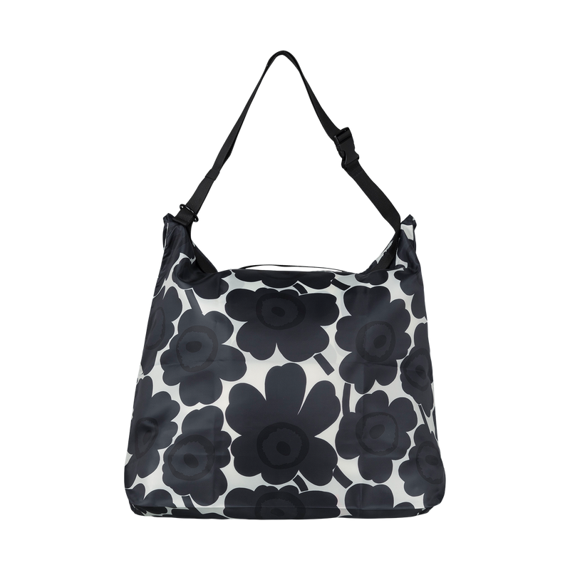 Black floral patterned handbag on a white background