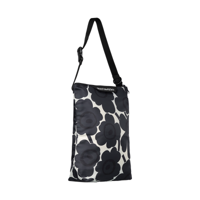 Black floral patterned bag with a strap on a white background