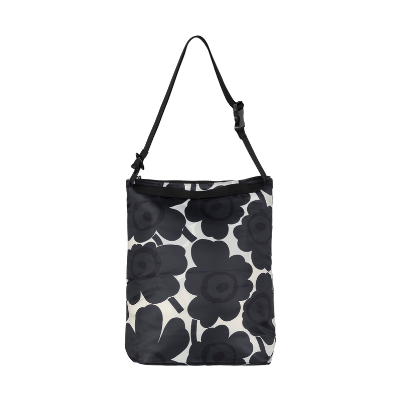 Black floral patterned bag on a white background