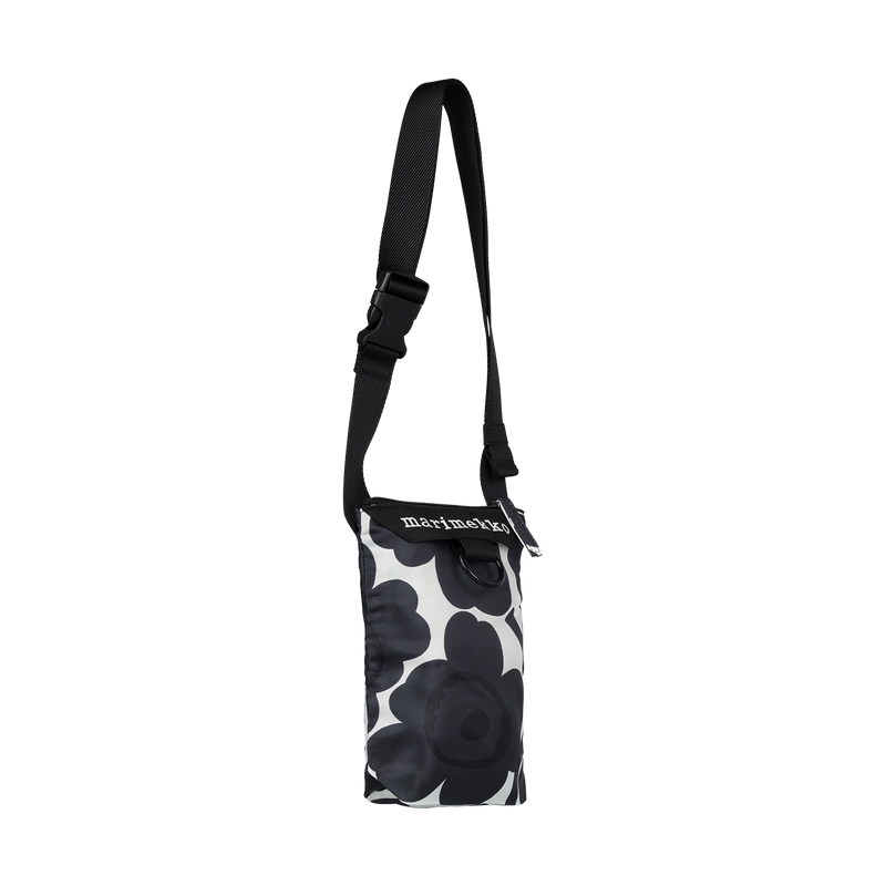Small bag with black floral pattern and visible brand name on a white background
