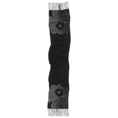 Black scarf with gray floral patterns on a white background