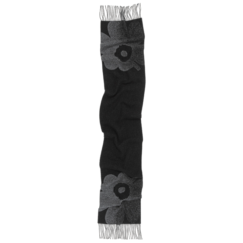 Black scarf with gray floral patterns on a white background