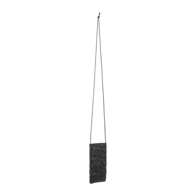 Black textured pouch with a long strap on a white background
