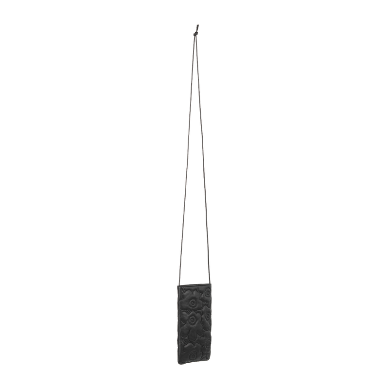 Black textured pouch with a long strap on a white background