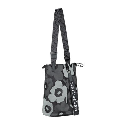 Floral patterned bag with strap on a white background, featuring the Marimekko brand.