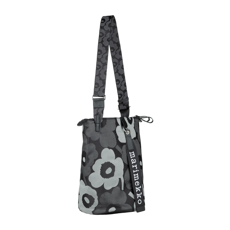 Floral patterned bag with strap on a white background, featuring the Marimekko brand.