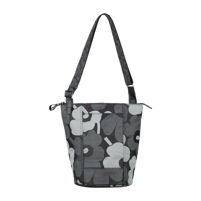 Gray floral patterned tote bag on a white background