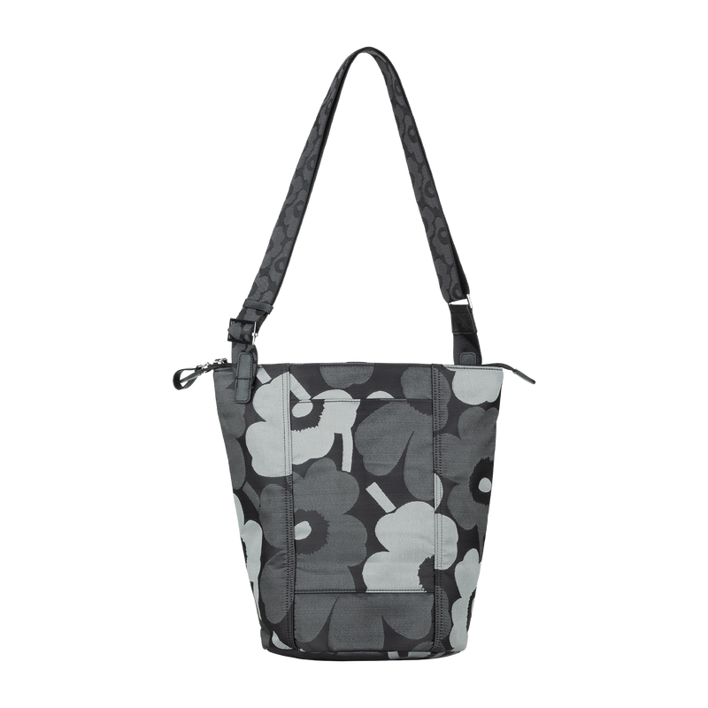 Gray floral patterned tote bag on a white background
