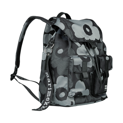 Black and gray floral-patterned backpack with visible brand name on a white background