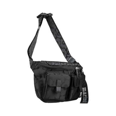 Black camouflage shoulder bag with visible branding on a white background