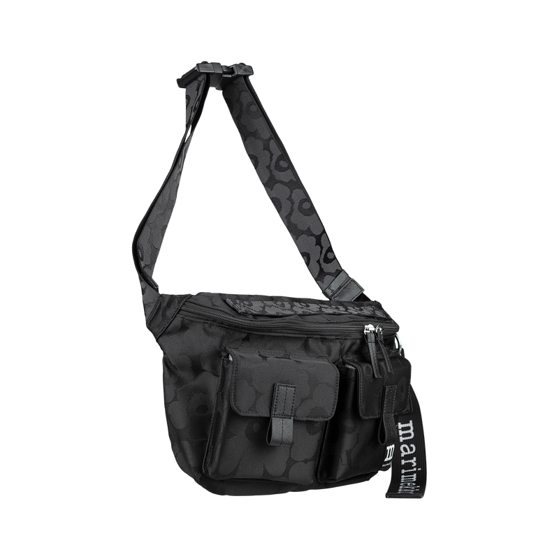 Black camouflage shoulder bag with visible branding on a white background