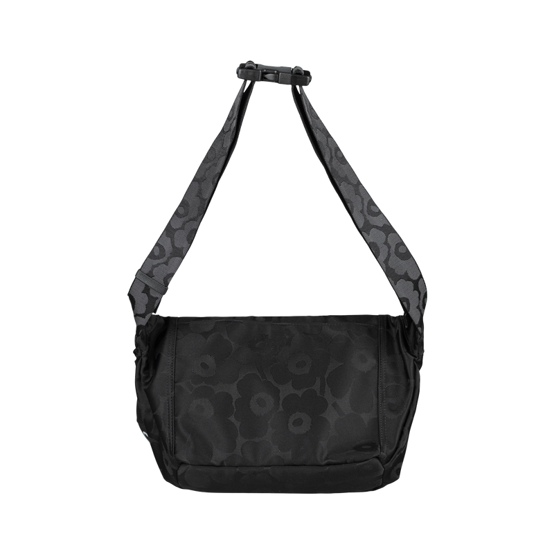 Black floral-patterned shoulder bag on a white background