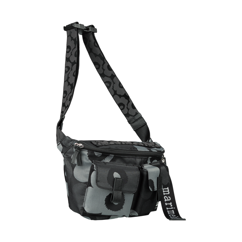 Black and gray camouflage bag with a visible brand logo on a white background