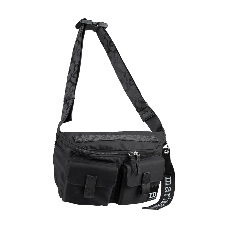 Black tactical bag with a strap on a white background