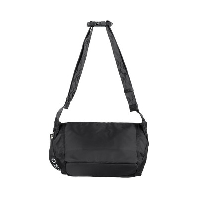 Black shoulder bag with a strap on a white background