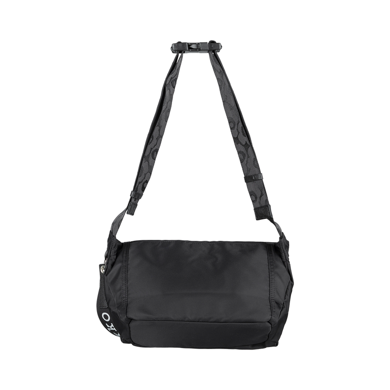 Black shoulder bag with a strap on a white background