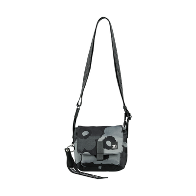 Gray camouflage crossbody bag with a strap on a white background