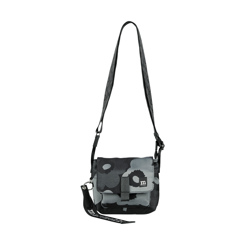Gray camouflage crossbody bag with a strap on a white background
