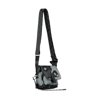 Black and gray camouflage crossbody bag on a white background