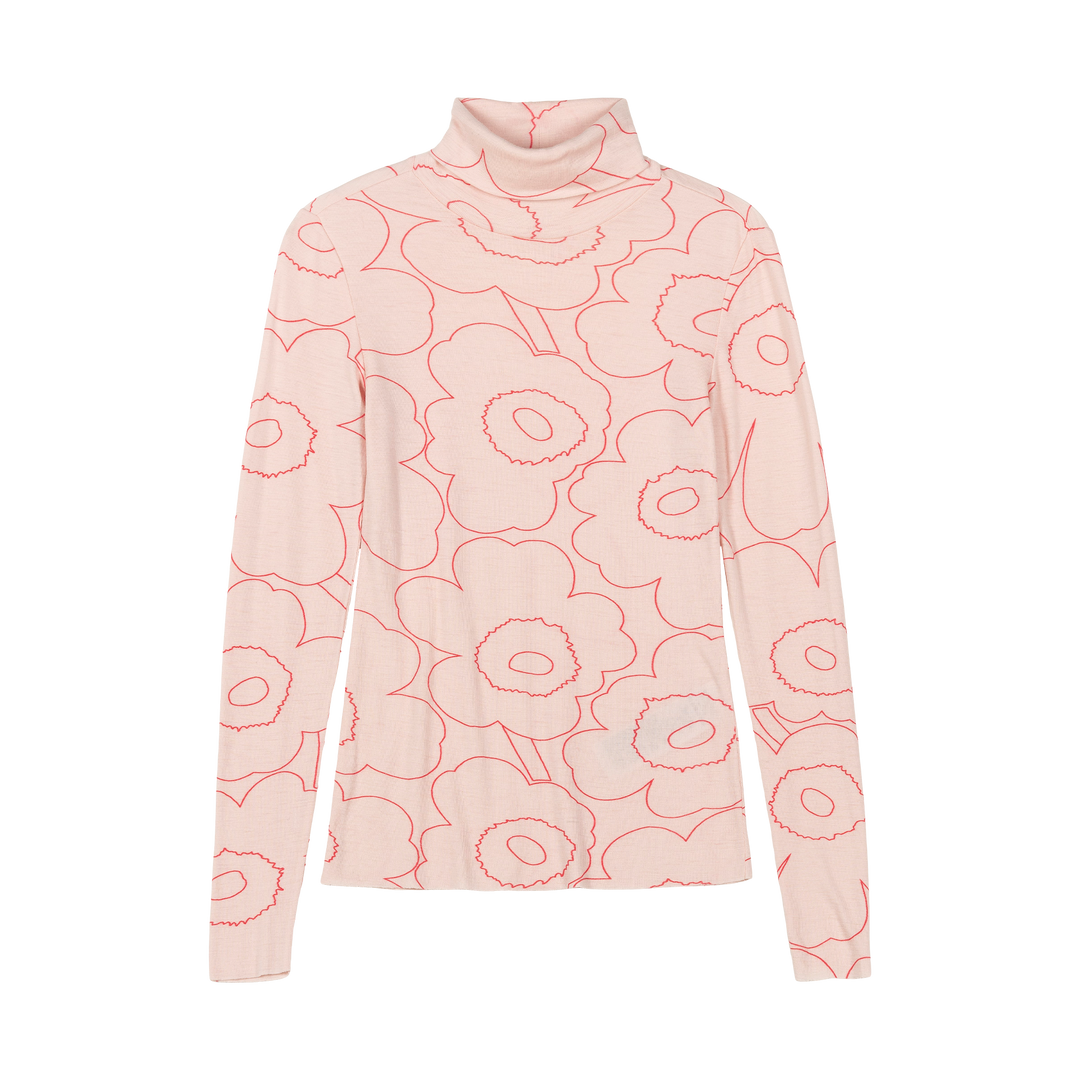 Marimekko Vilina Piirto Unikko Wool Turtleneck Shirt, lt.pink/red