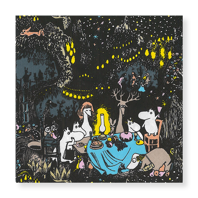 Illustration of animals gathered around a table under a starry night sky.