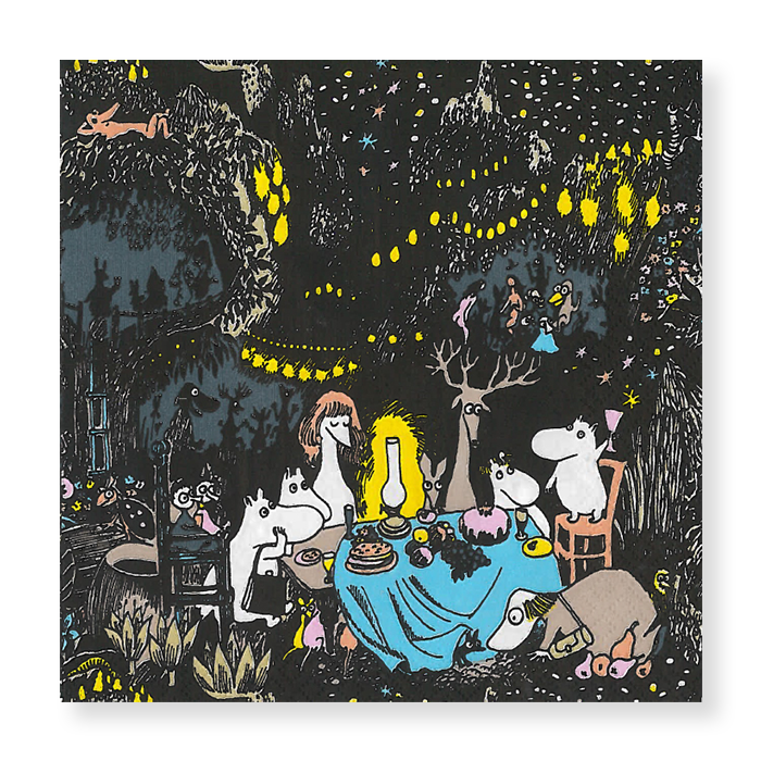 Illustration of animals gathered around a table under a starry night sky.