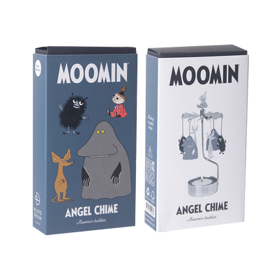 Two Moomin-themed angel chimes in packaging on a white background