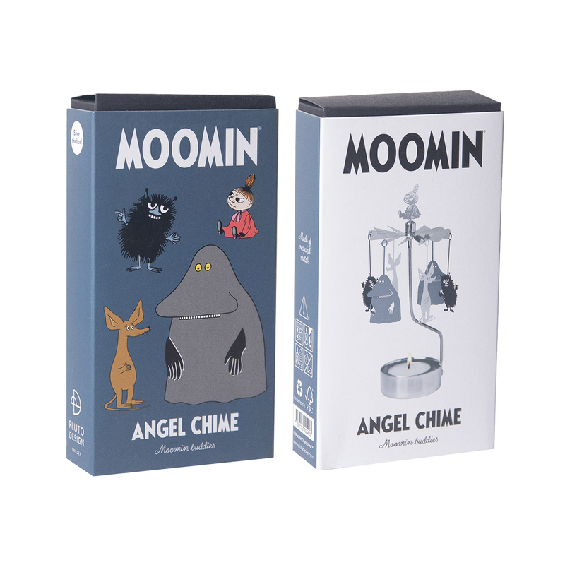 Two Moomin-themed angel chimes in packaging on a white background