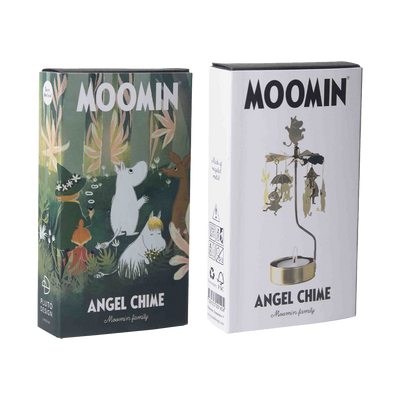 Two Moomin-themed angel chimes in their packaging on a white background