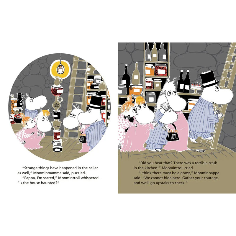 Cartoon characters in a bar setting with text indicating a ghostly encounter.