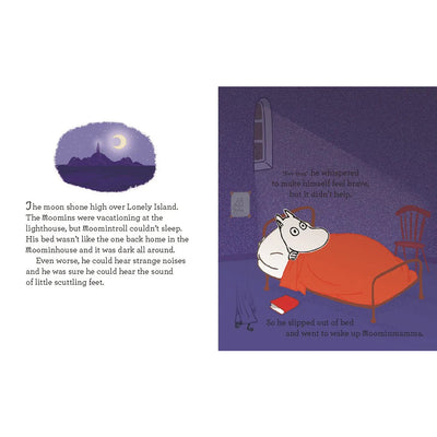 Illustration of a character in bed with text and moon over island scene.