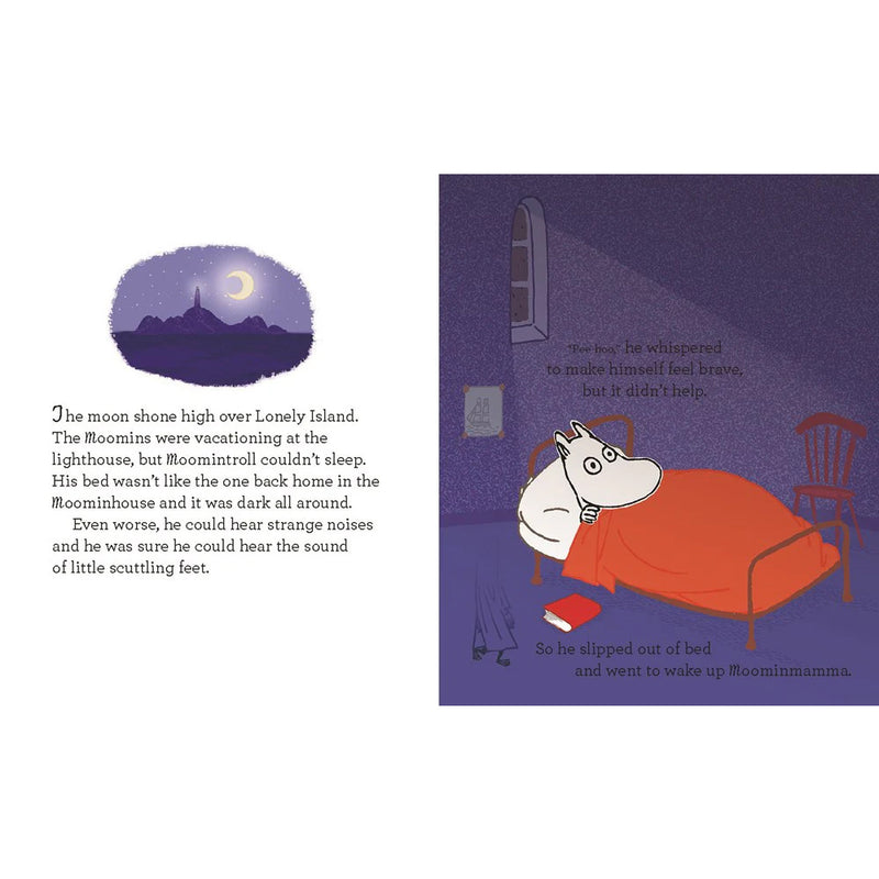 Illustration of a character in bed with text and moon over island scene.