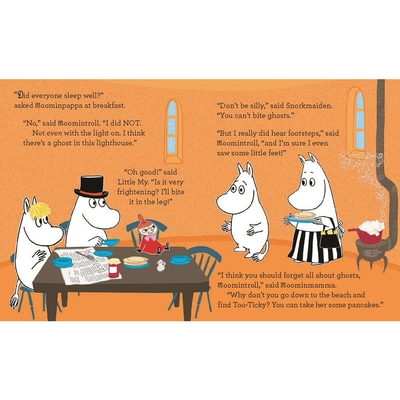 Illustration of Moomin characters in a kitchen setting with text对话