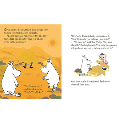 Illustration from a children's book with Moomin characters on a beach.