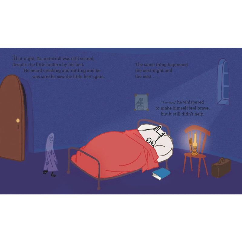 Illustration of a child in bed with a ghost and lantern, part of a bedtime story sequence.
