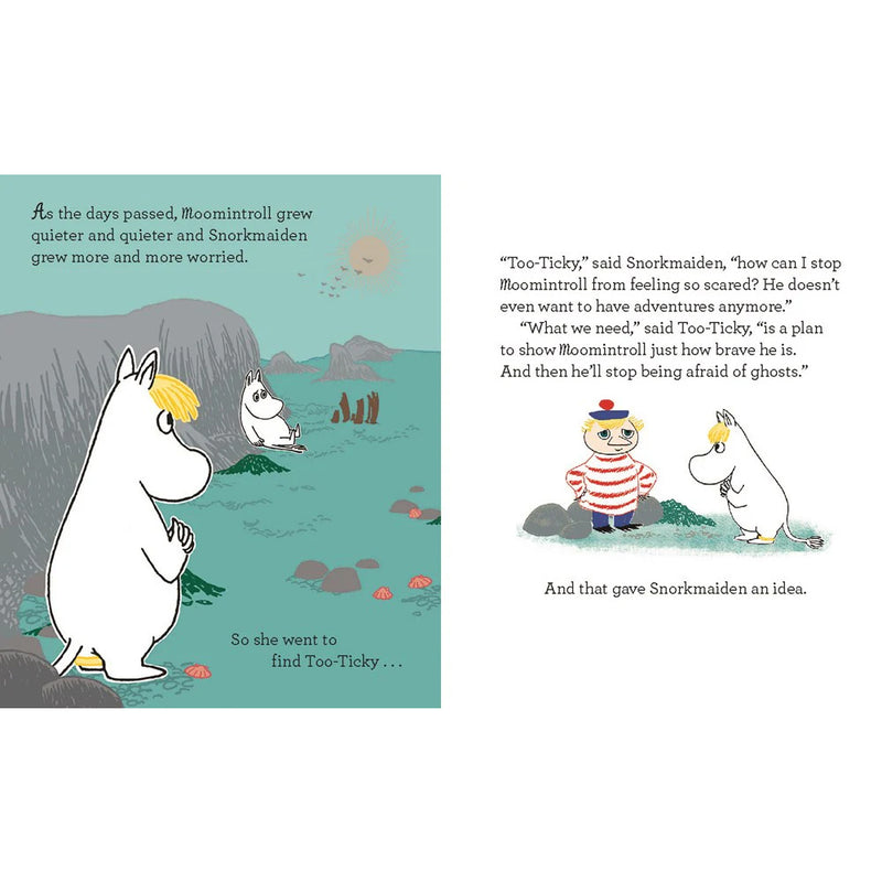 Illustrated book page with characters from the Moomin series, featuring a green landscape and text.