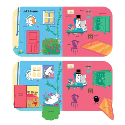 Colorful children's book with illustrations of a house and its rooms on a white background.