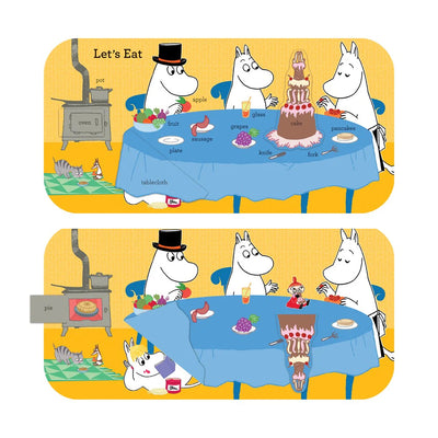 Two illustrations of cartoon characters at a table with food and furniture on a yellow background.